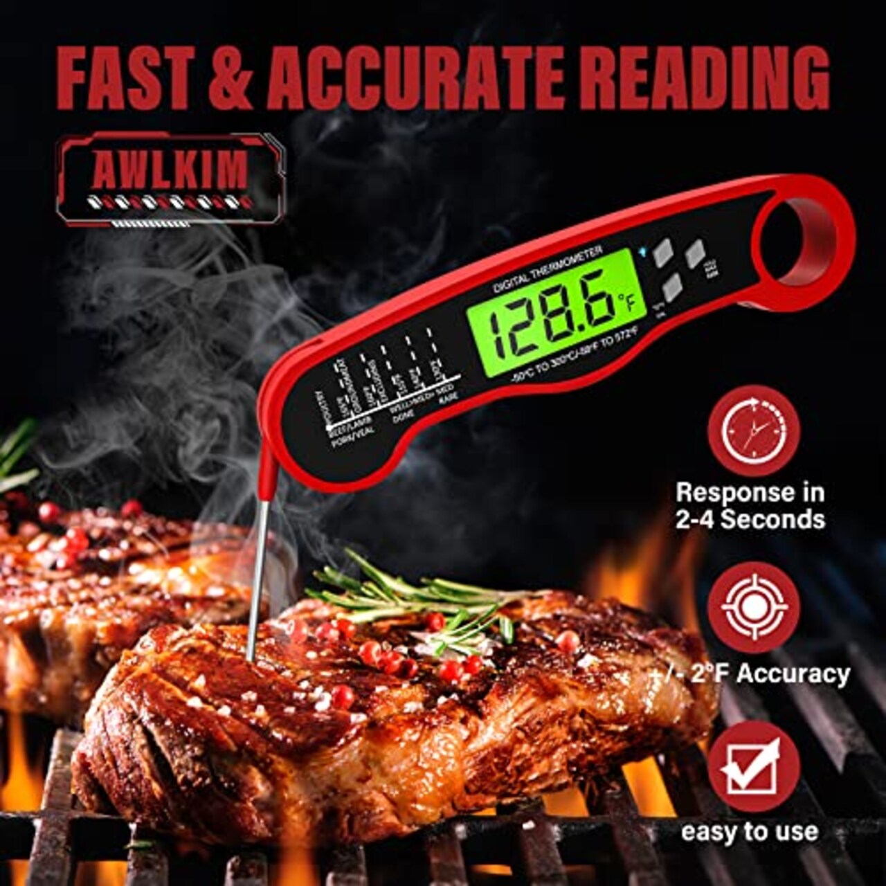 Meat Thermometer Digital - Fast Instant Read Food Thermometer for Cooking, Candy Making, Outside Grill, Waterproof Kitchen Thermometer with Backlight & Hold Function - Red